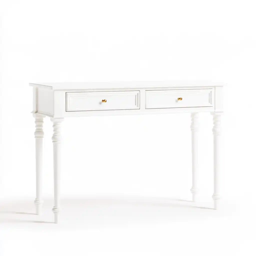 Consolle bianca con due cassetti e gambe tornite