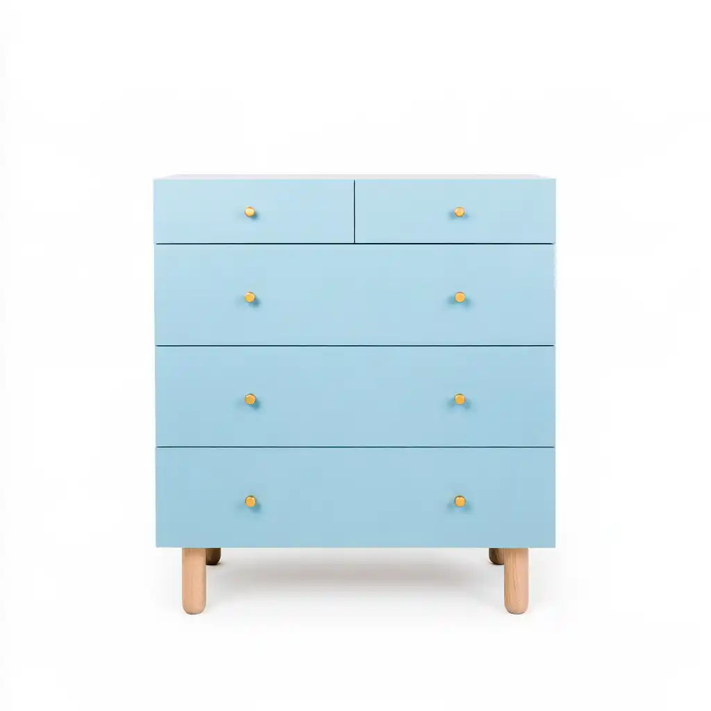 Cassettiera azzurro chiaro con cinque cassetti e piedini marroni